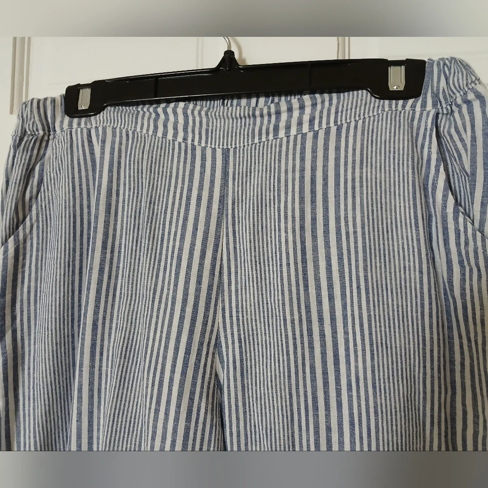 Striped Blue White Wiide Leg, 55% Linen 45% Cotton Elastic Waist Pants - Picture 3 of 10